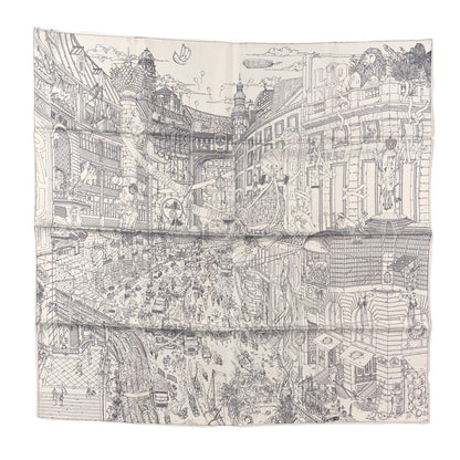 Hermes Silk Le Grand Prix du Faubourg Scarf 90 White Black Gris 1 of 3