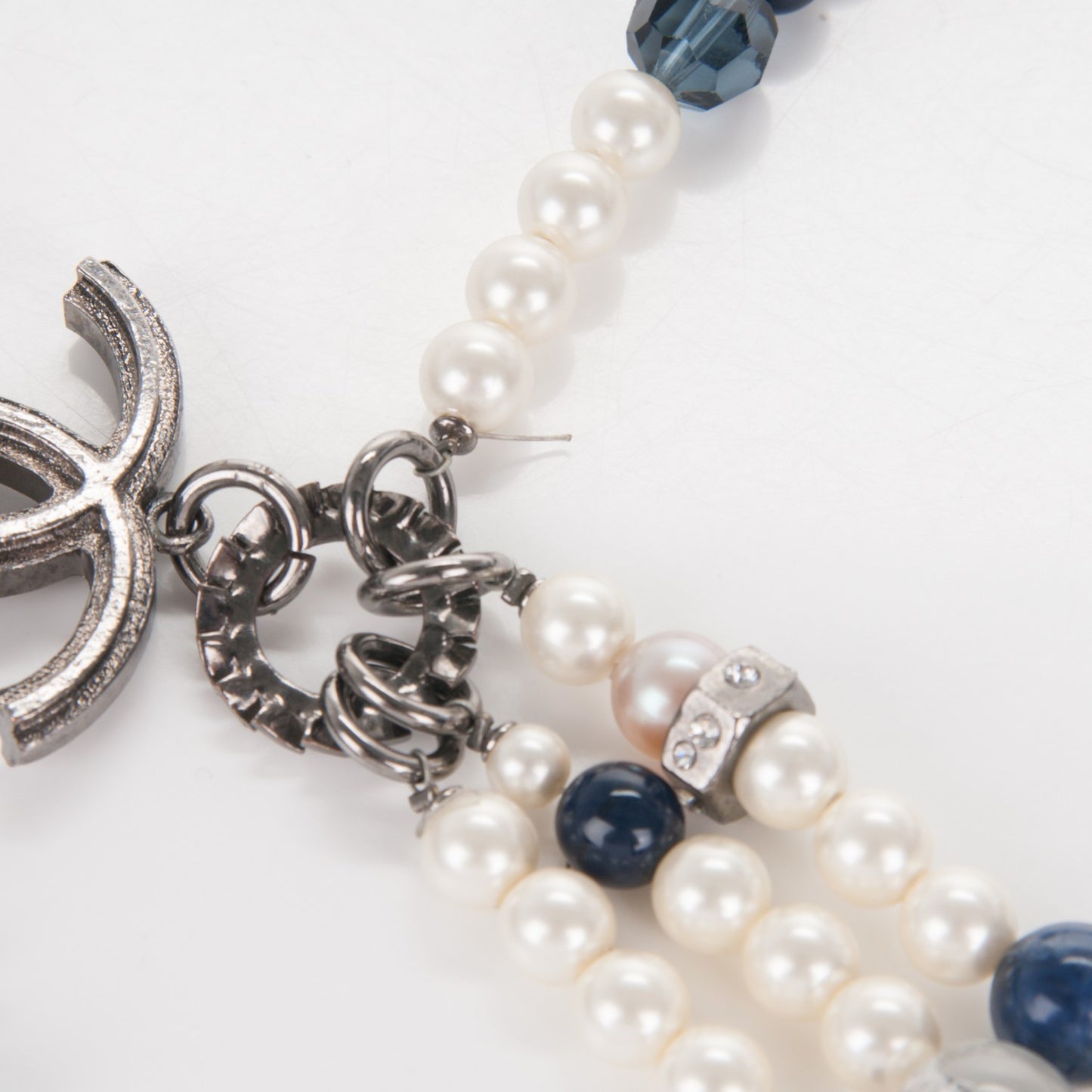 Pearl Beaded Crystal CC Long Double Strand Necklace Ivory Blue