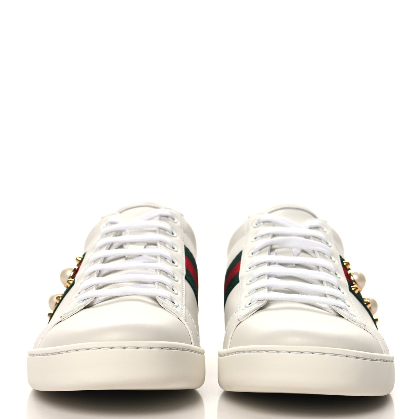 Calfskin Web Pearl Studded Womens Ace Sneakers 39.5 White