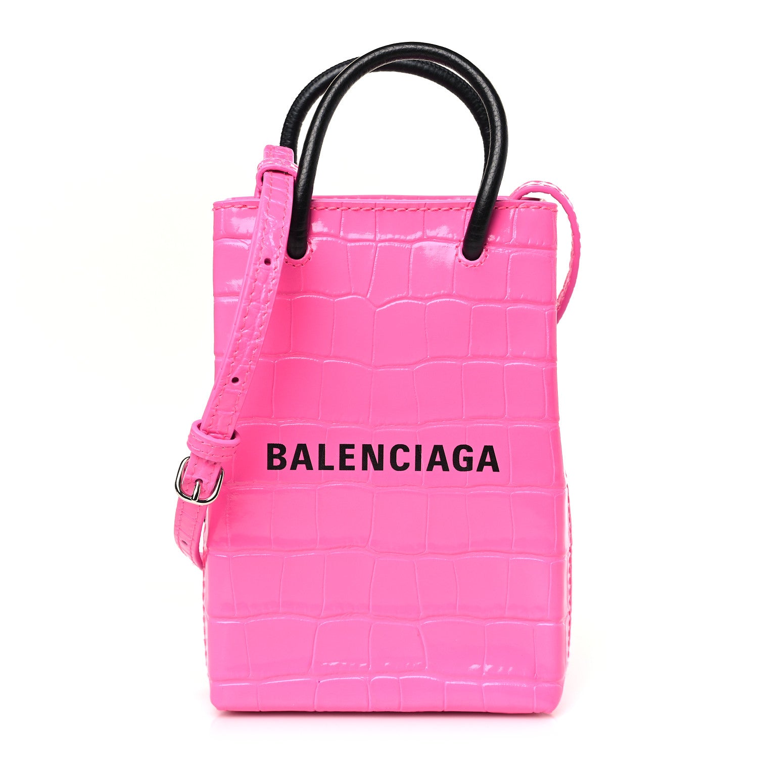 Balenciaga Shiny Calfskin Crocodile Embossed Logo Shopping Phone Holder Bag Pink Black 1 of 8
