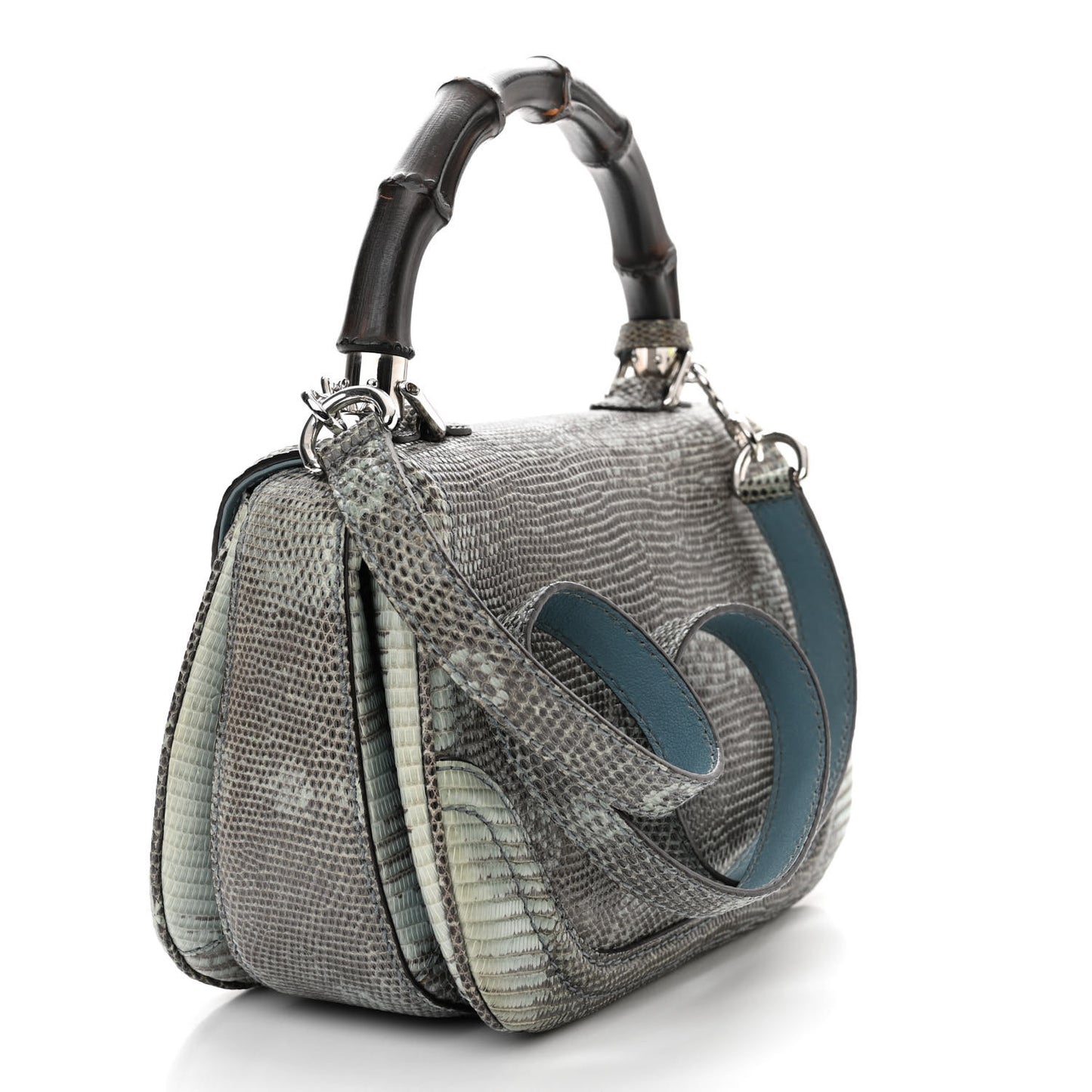 Calfskin Lizard Embossed Medium New Bamboo Top Handle Bag Blue