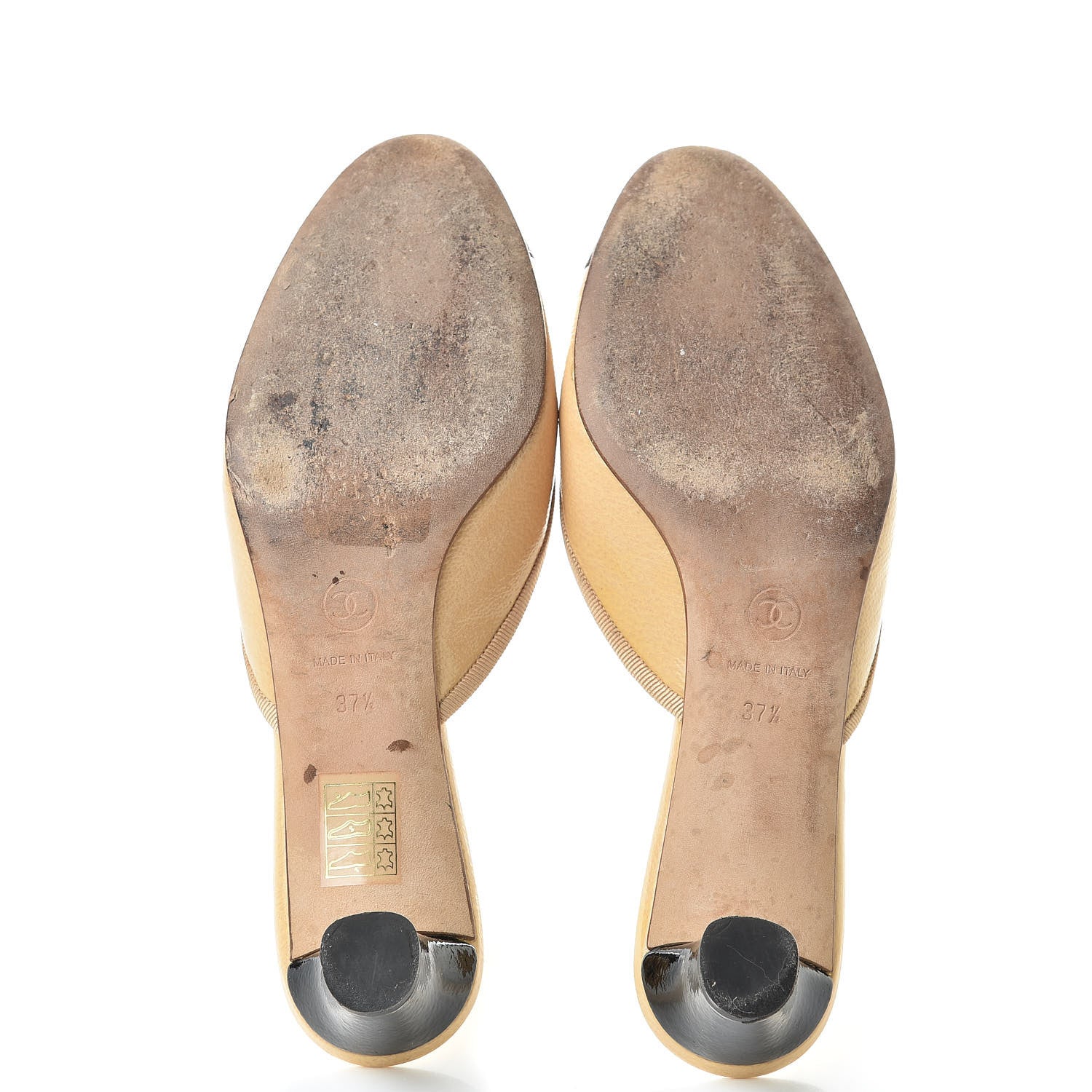 Chanel Lambskin Cap Toe CC Mules 37.5 Beige Black 7 of 14