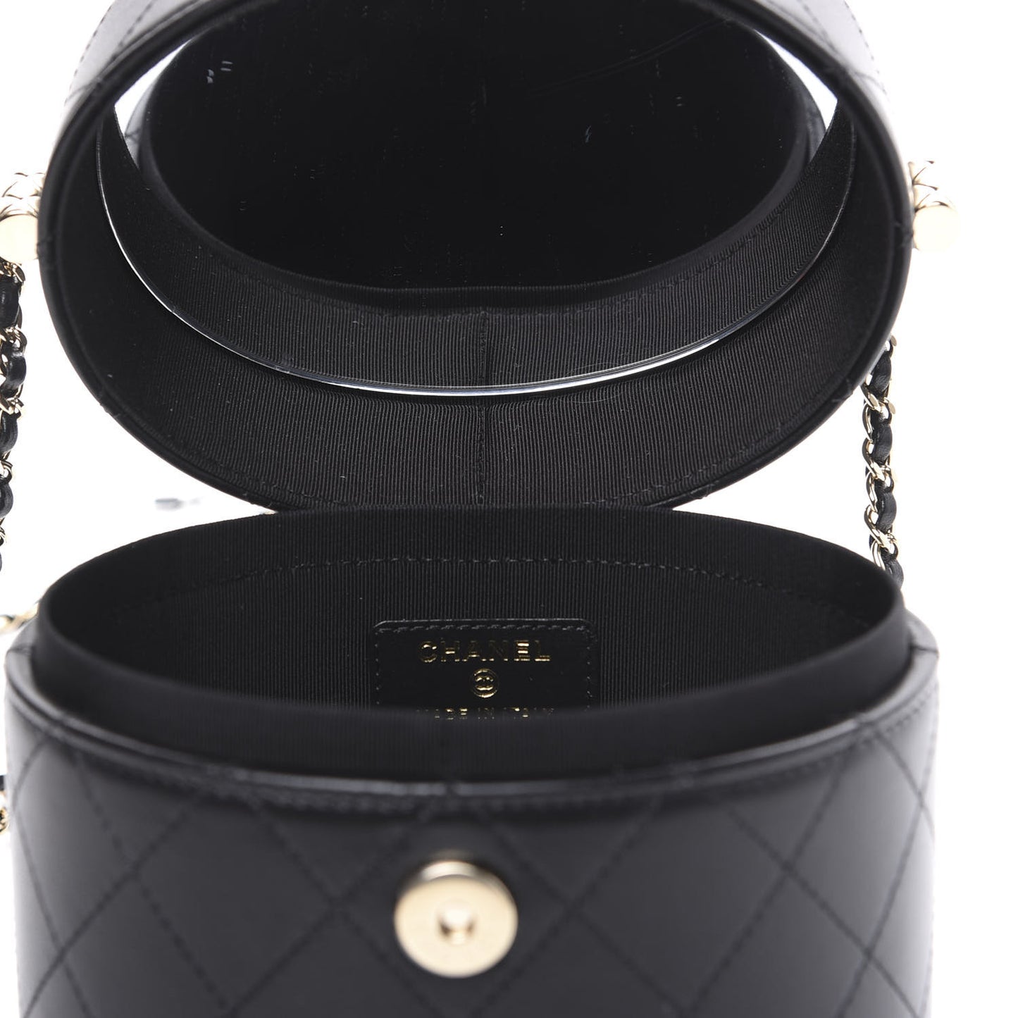 Lambskin Quilted Round Vanity Case With Chain Black