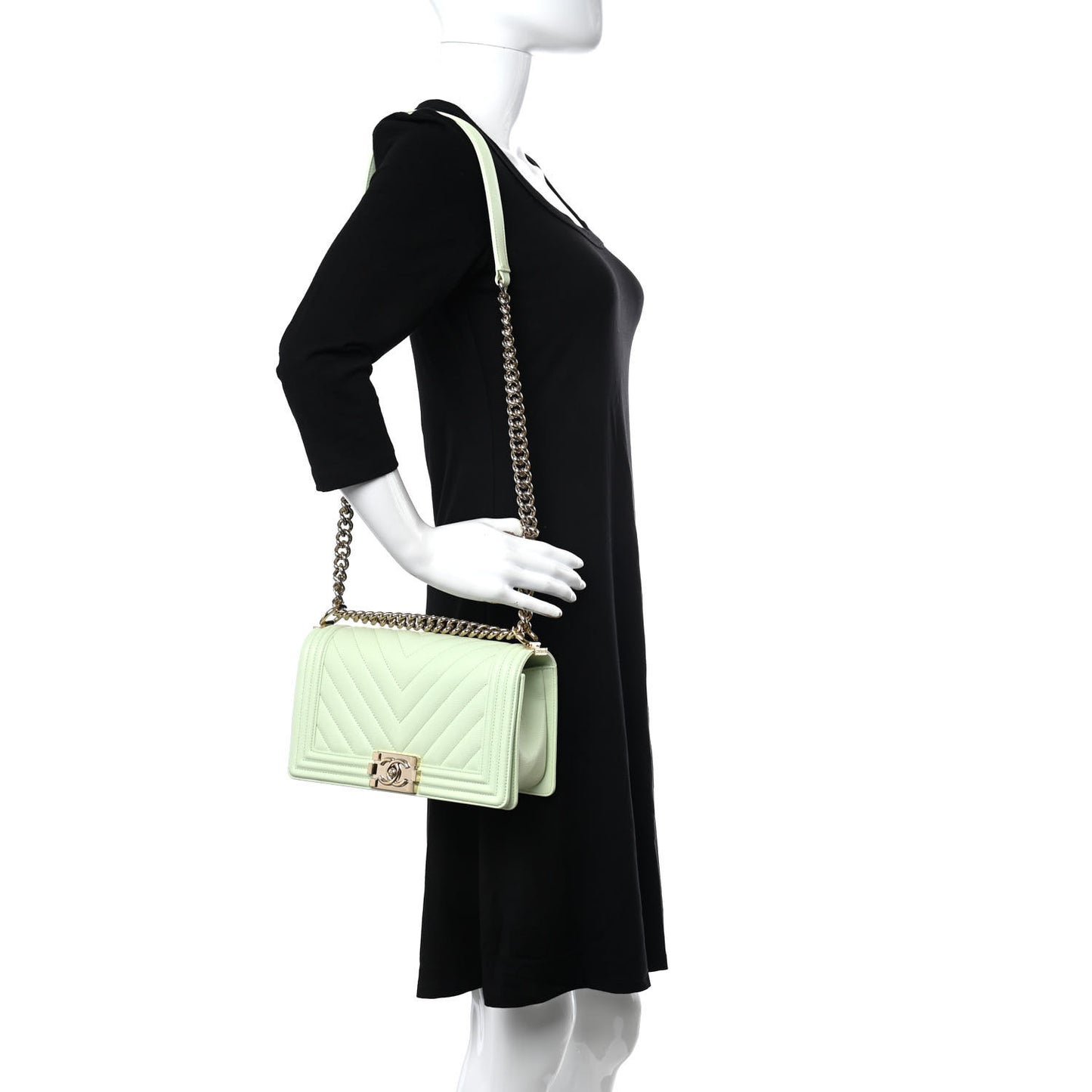 Caviar Chevron Quilted Medium Boy Flap Light Green