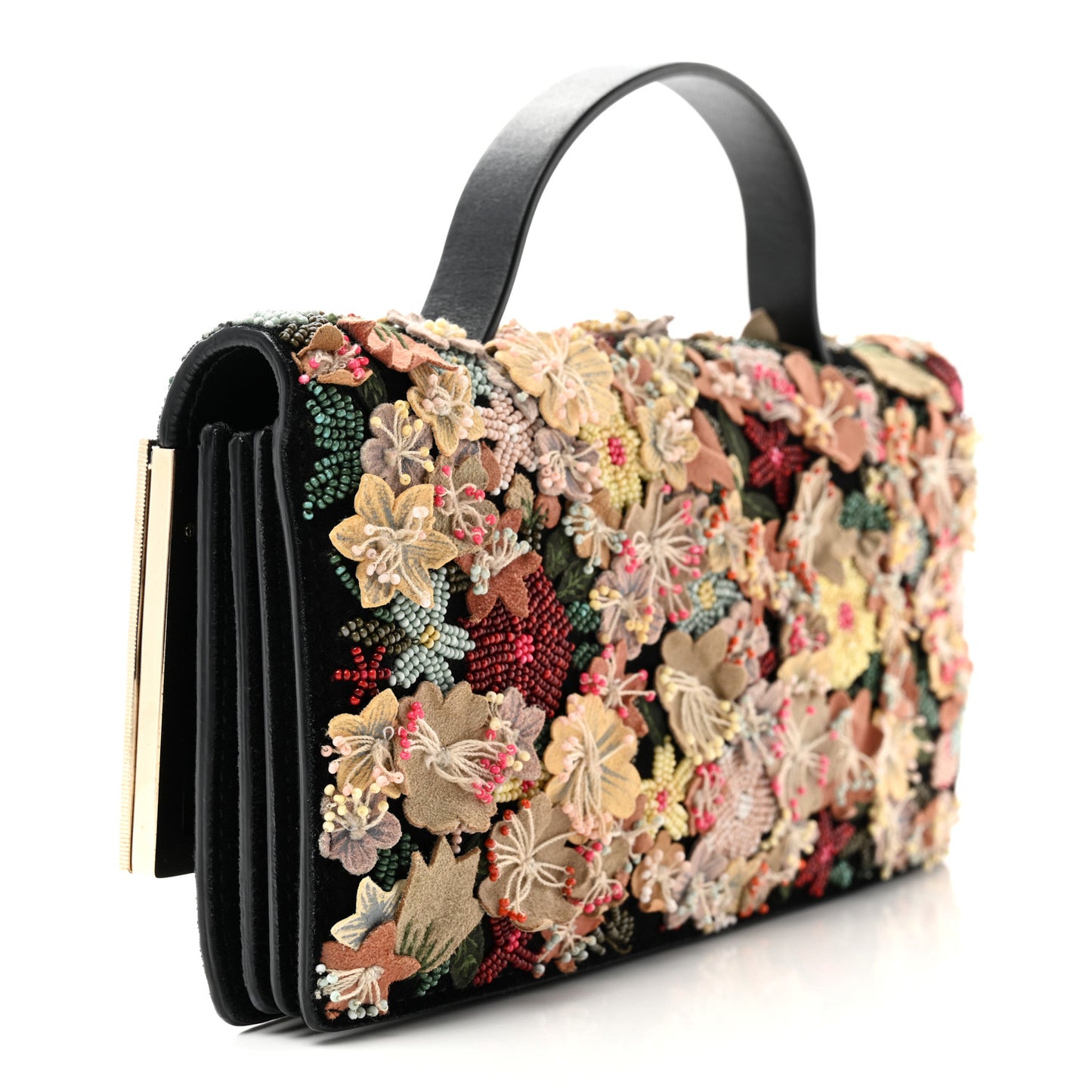 Velvet Crystal Flower Embellished Top Handle Clutch Black Multicolor