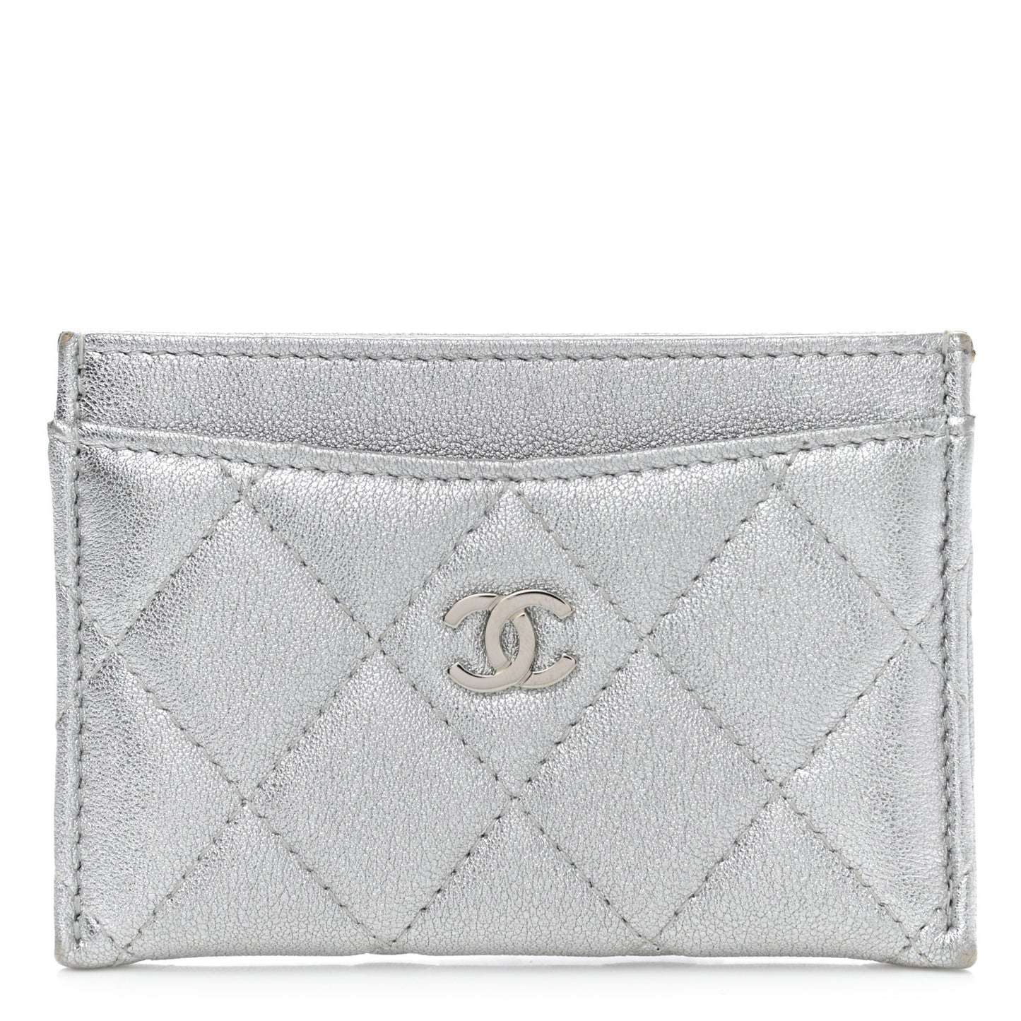 Metallic Lambskin Quilted Card Holder Silver