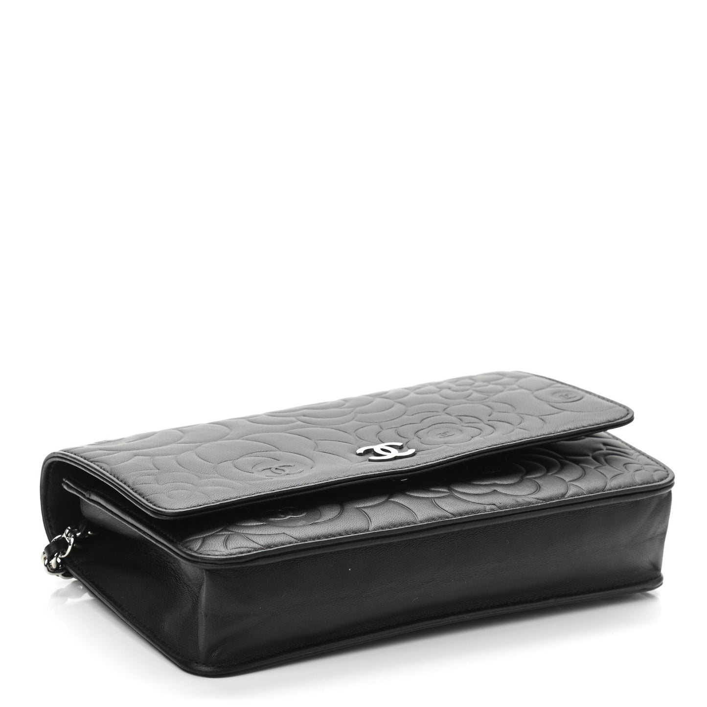 Lambskin Camellia Embossed Wallet on Chain WOC Black