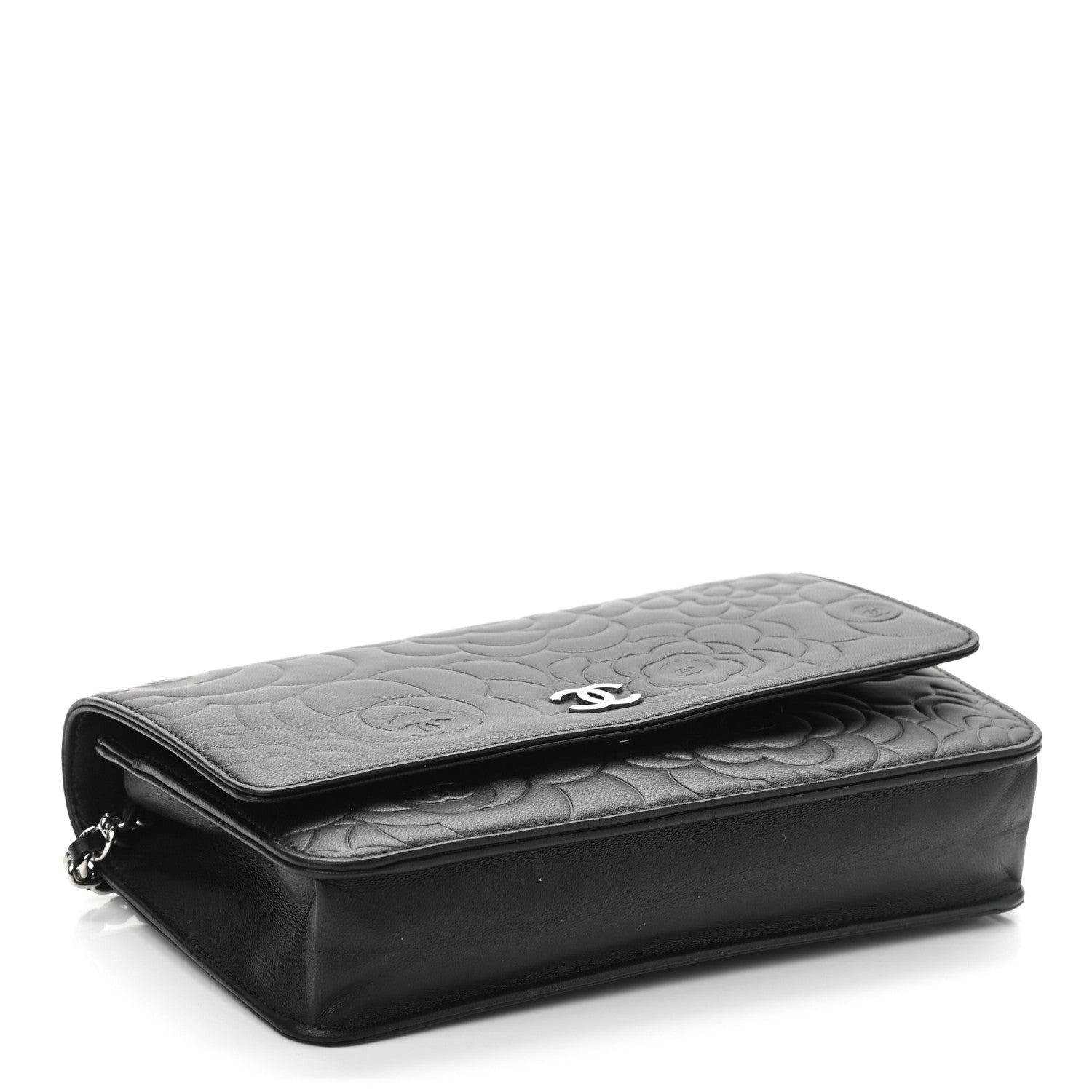 Chanel Lambskin Camellia Embossed Wallet on Chain WOC Black 4 of 12