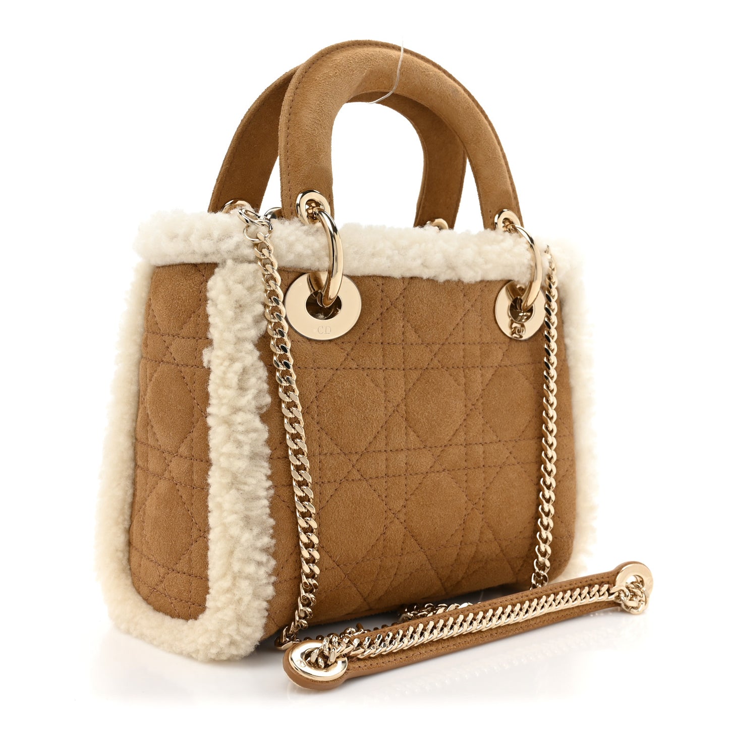 Suede Shearling Cannage Mini Lady Dior Camel