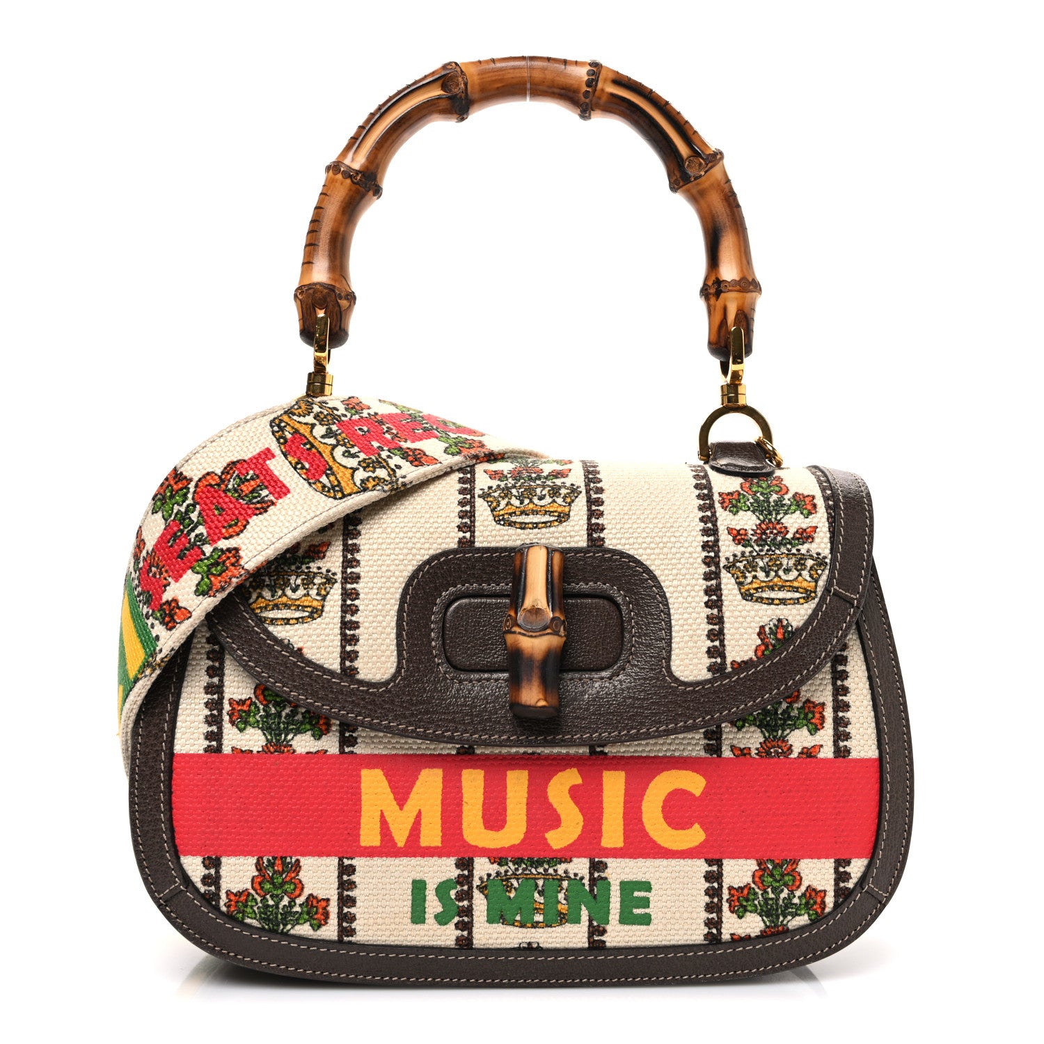 Gucci Canvas Calfskin 100 Centennial Music Medium Bamboo 1947 Top Handle Bag Multicolor 1 of 11