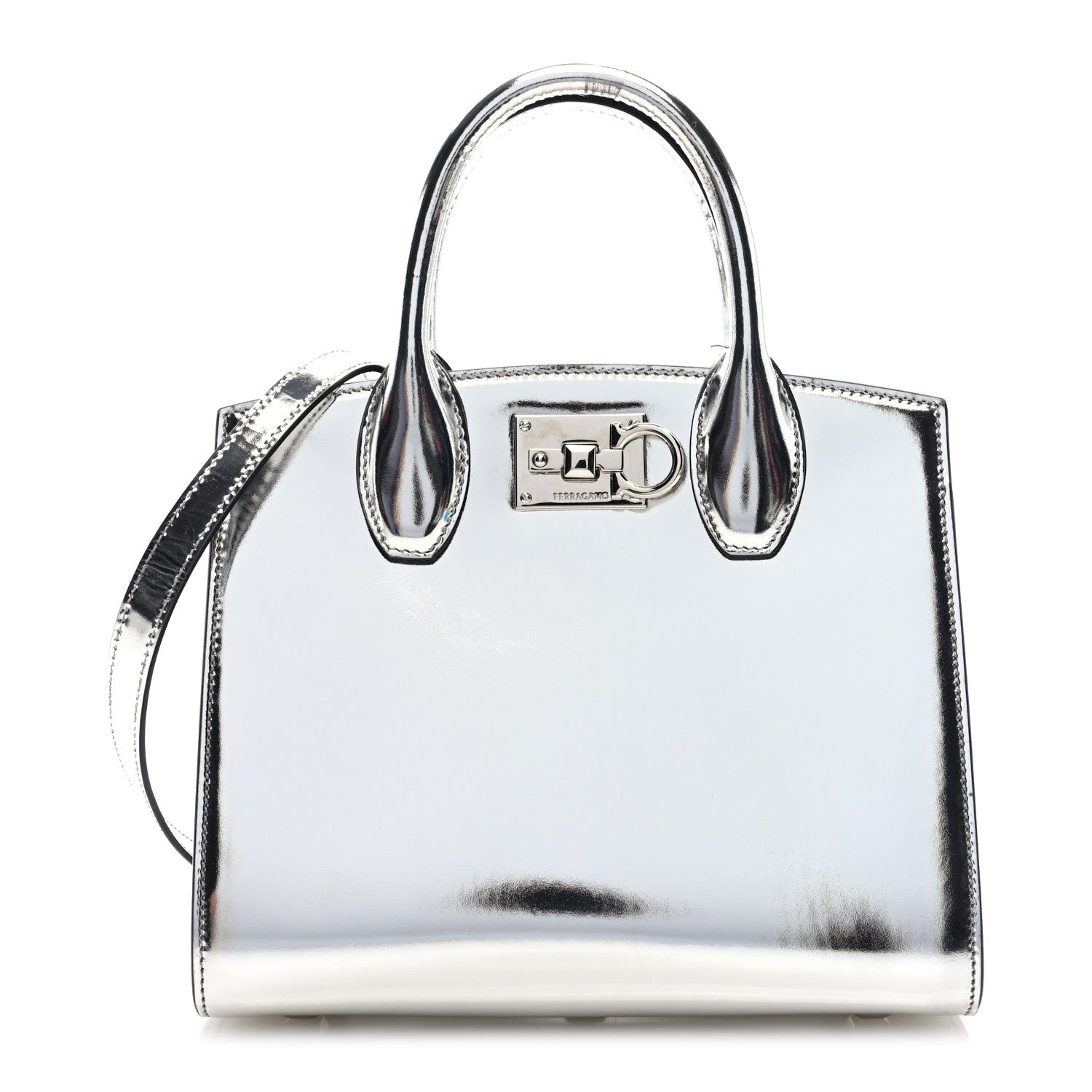 Salvatore Ferragamo Metallic Calfskin Small The Studio Box Bag Argento 1 of 9