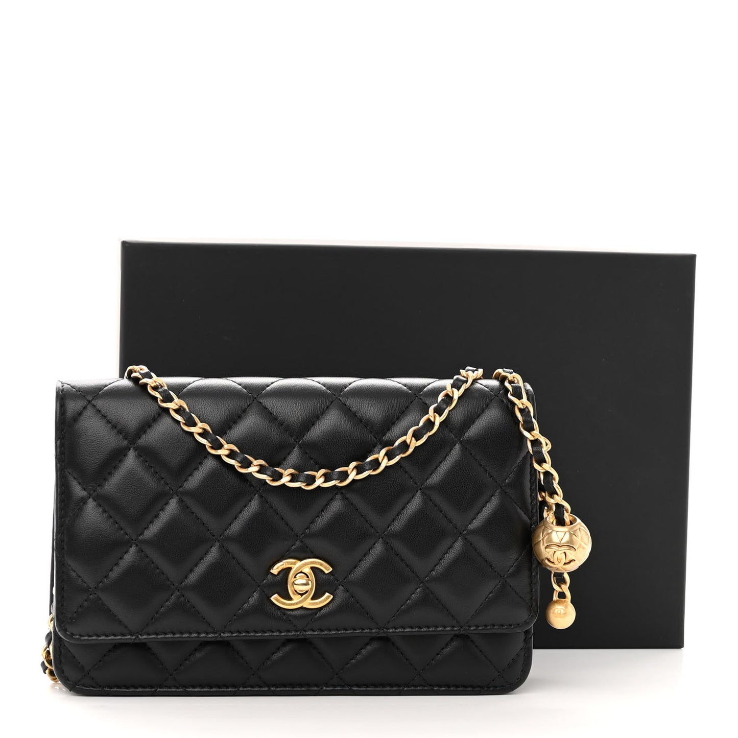 Lambskin Quilted Pearl Crush Wallet On Chain WOC Black