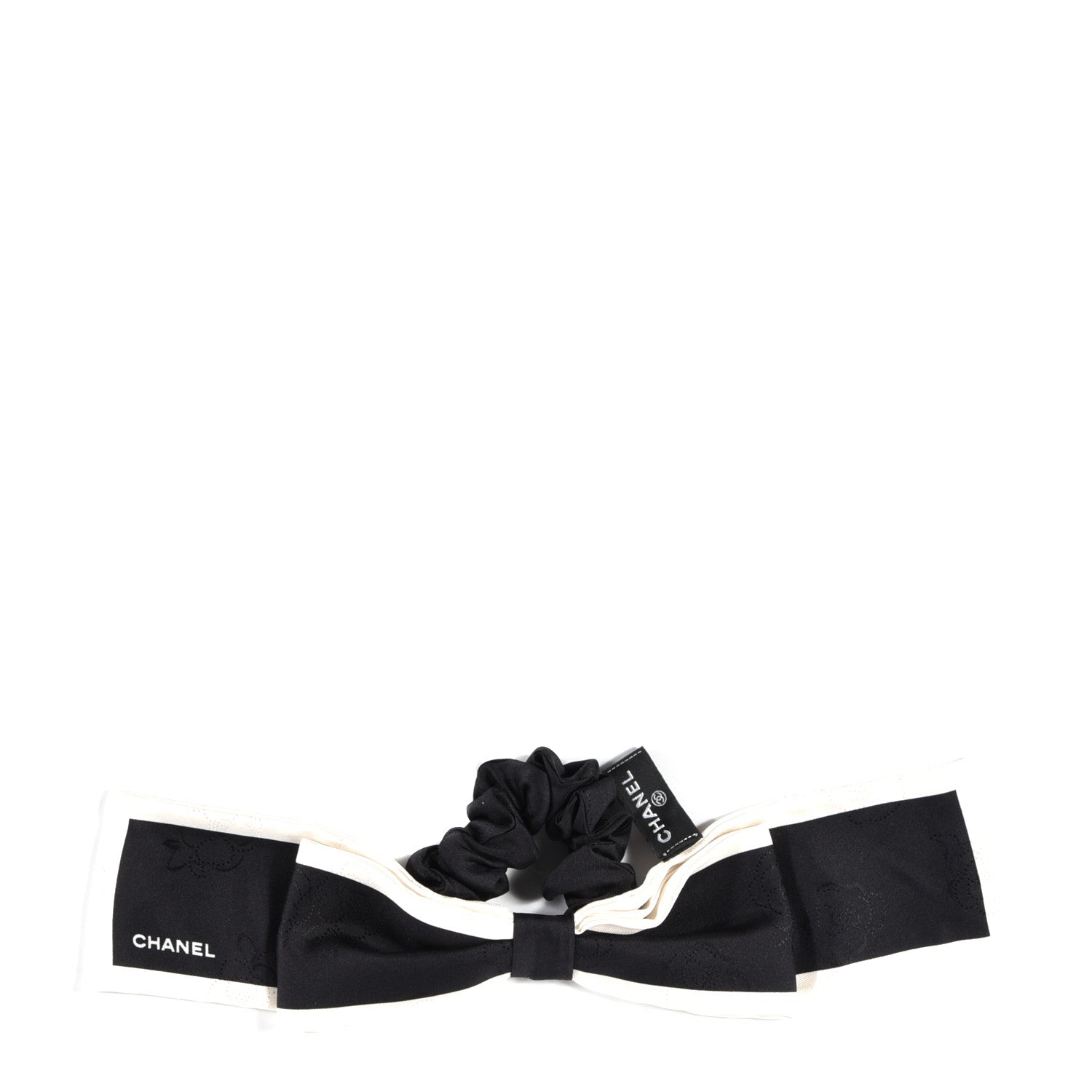 Chanel Silk Hair Tie Black Ivory 1 of 4