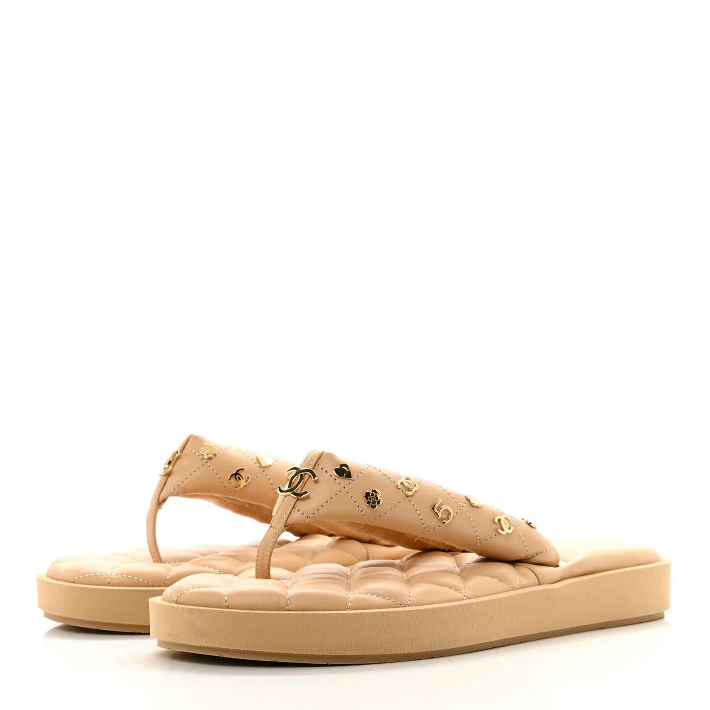 Lambskin Quilted Padded Charms Thong Sandals 41 Beige