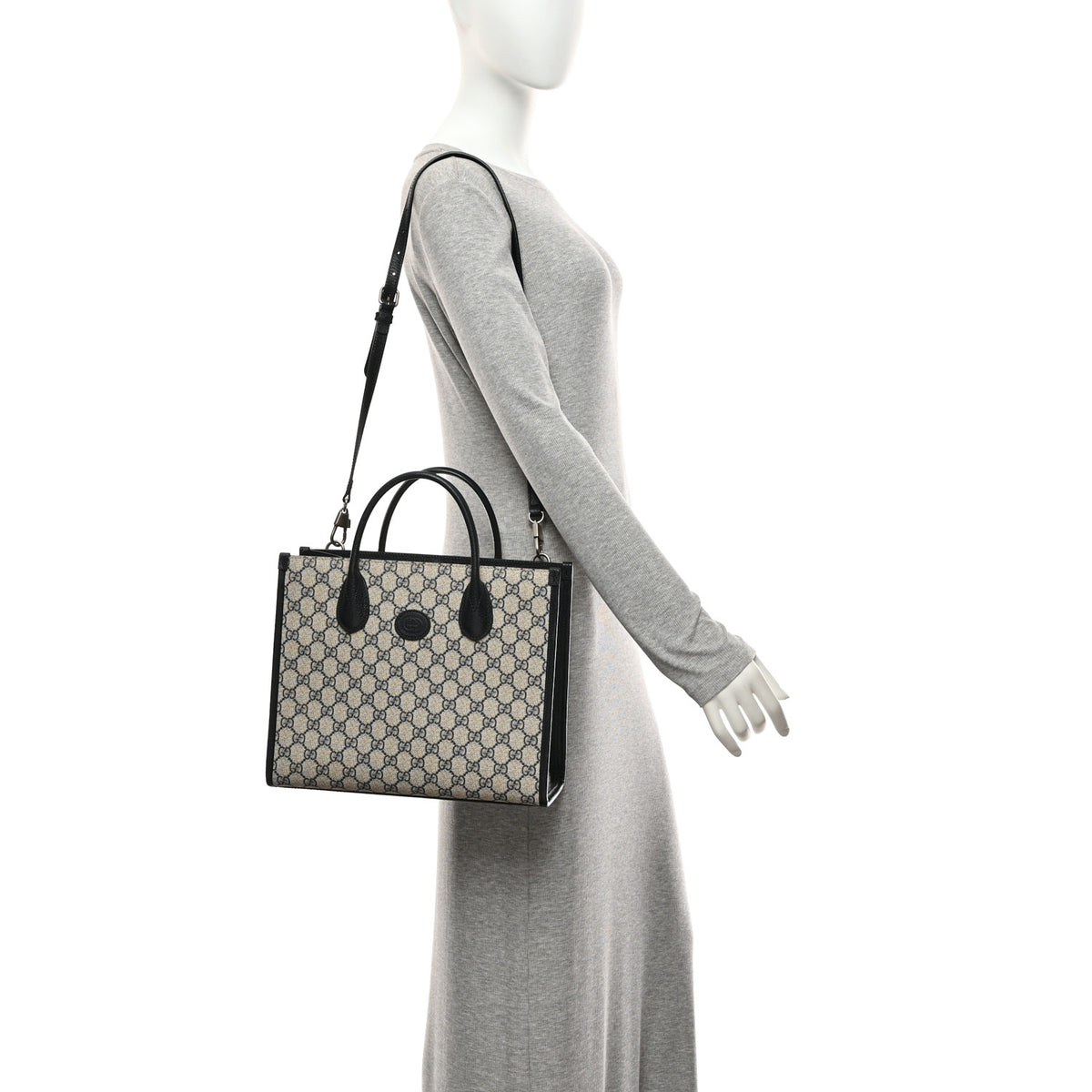 GG Supreme Monogram Textured Dollar Calfskin Small Retro Interlocking G Tote Bag Beige Blue