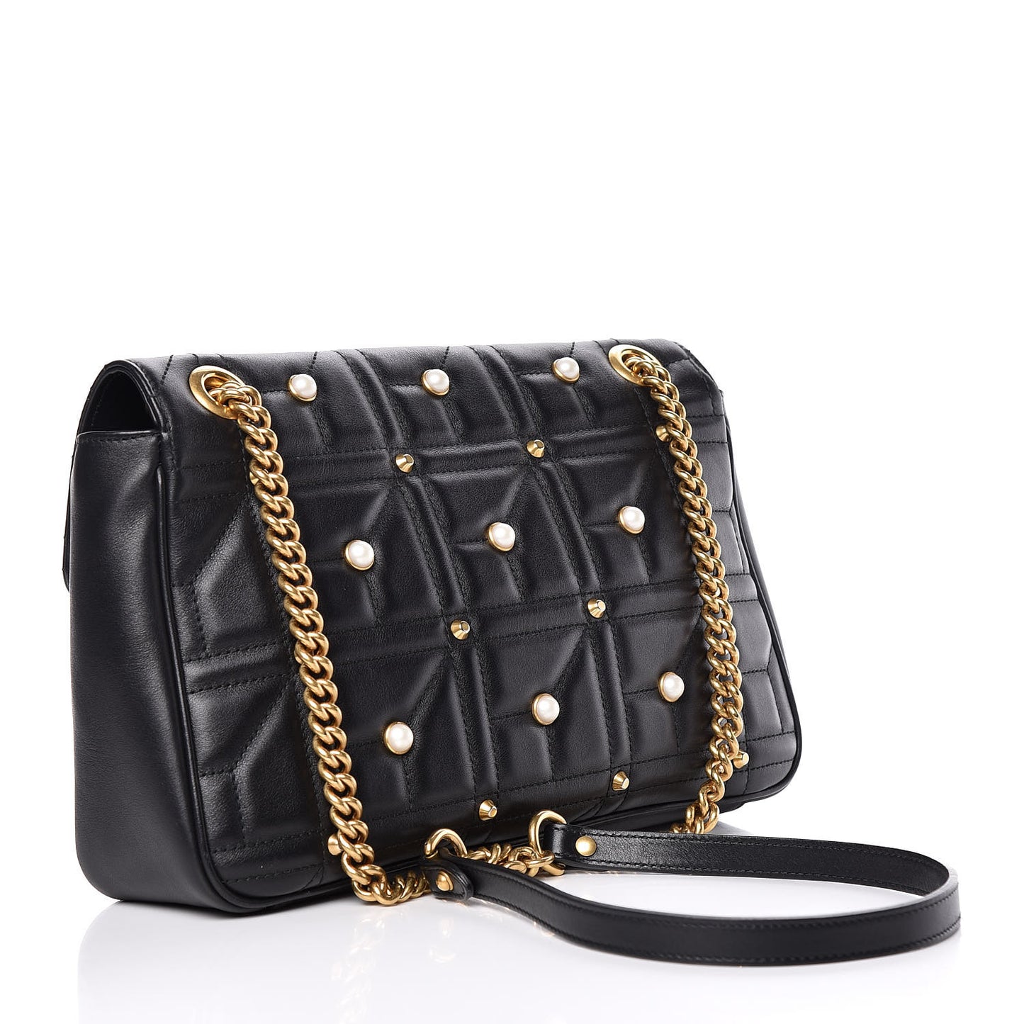 Calfskin Matelasse Studded Medium Pearly GG Marmont Shoulder Bag Black