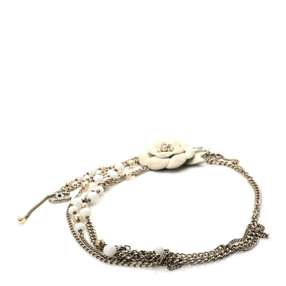 Chanel Pearl Crystal Beaded Camellia Chain Belt Gold White 2 of 5