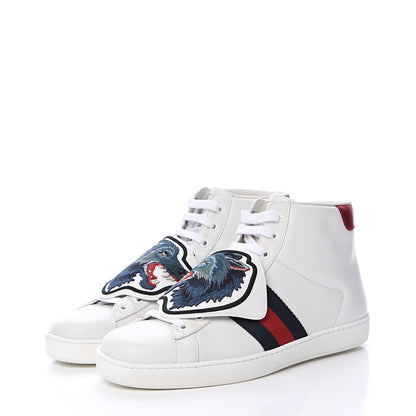 Gucci Calfskin Web Wolf Removable Patches Mens Ace High Top Sneakers 8.5 White 3 of 8