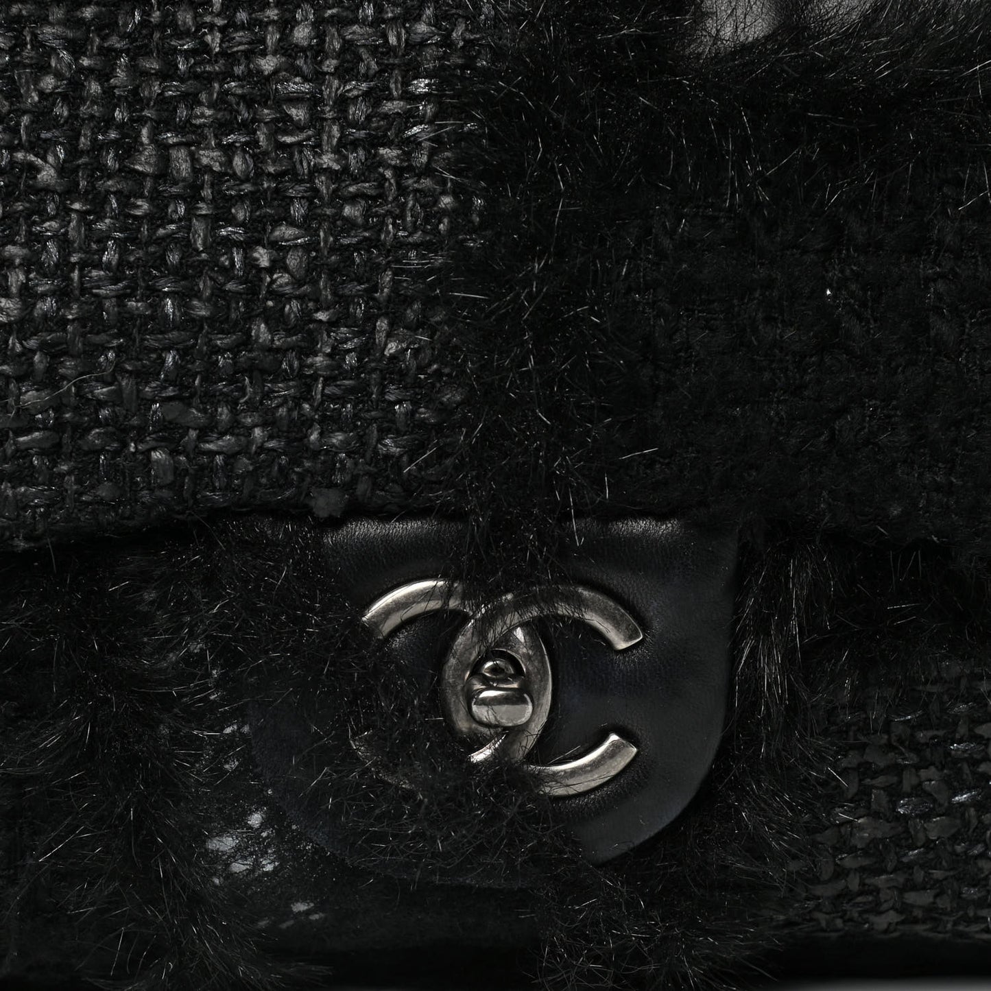 Tweed Faux Fur Patchwork Jumbo Single Flap Black