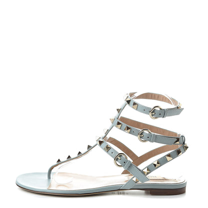 Valentino Garavani Calfskin Rockstud Ankle Wrap Flat Thong Sandals 37 Celadon 1 of 8