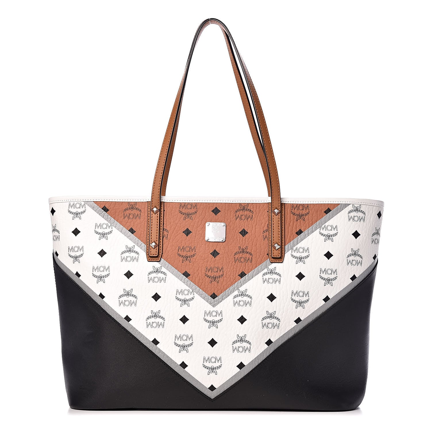 MCM Visetos Chevron Medium Colorblock Anya Zip Top Shopper Tote Cognac 1 of 11