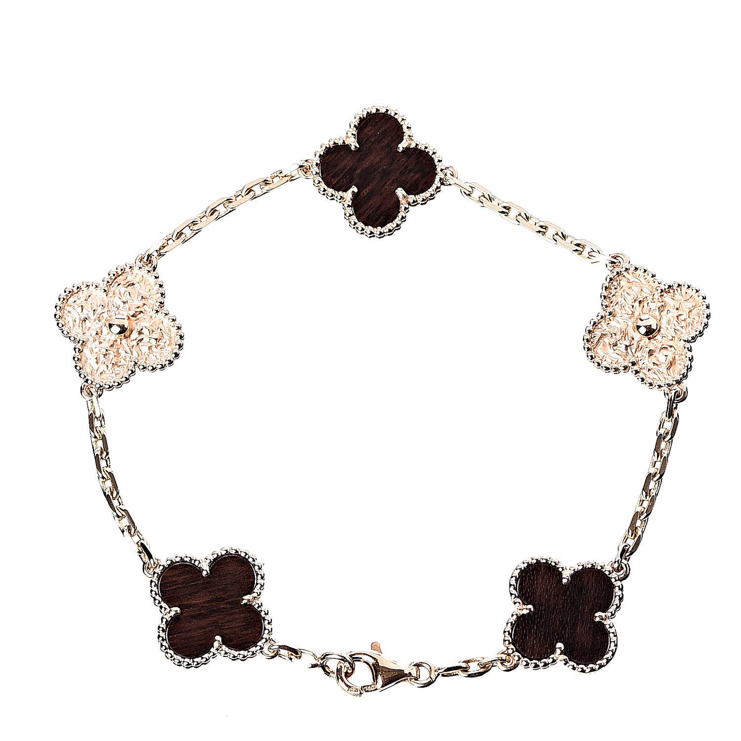 18K Rose Gold Letterwood 5 Motifs Creased Vintage Alhambra Bracelet
