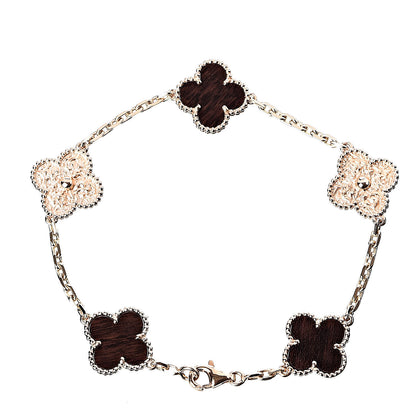 Van Cleef & Arpels 18K Rose Gold Letterwood 5 Motifs Creased Vintage Alhambra Bracelet 3 of 5