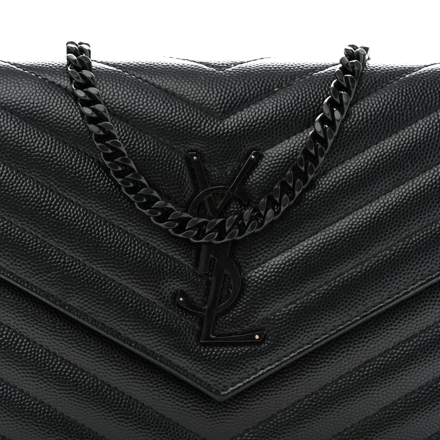 Saint Laurent Grain De Poudre Matelasse Chevron Monogram Monochrome Envelope Chain Wallet Black 8 of 14