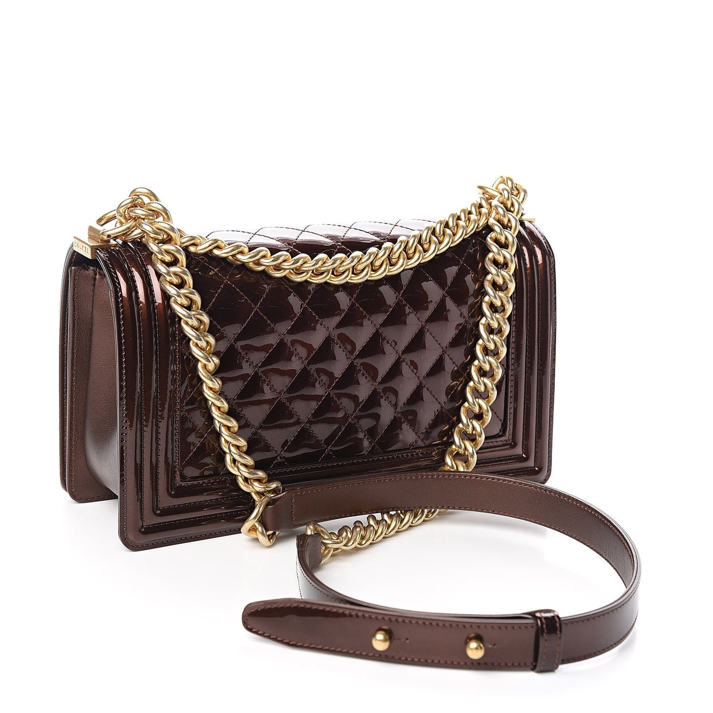 Metallic Patent Calfskin Quilted Medium Boy Flap Brown