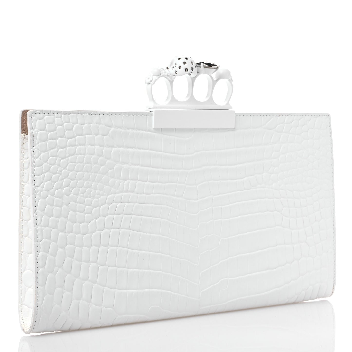 Calfskin Crocodile Embossed Knuckle Flat Clutch White