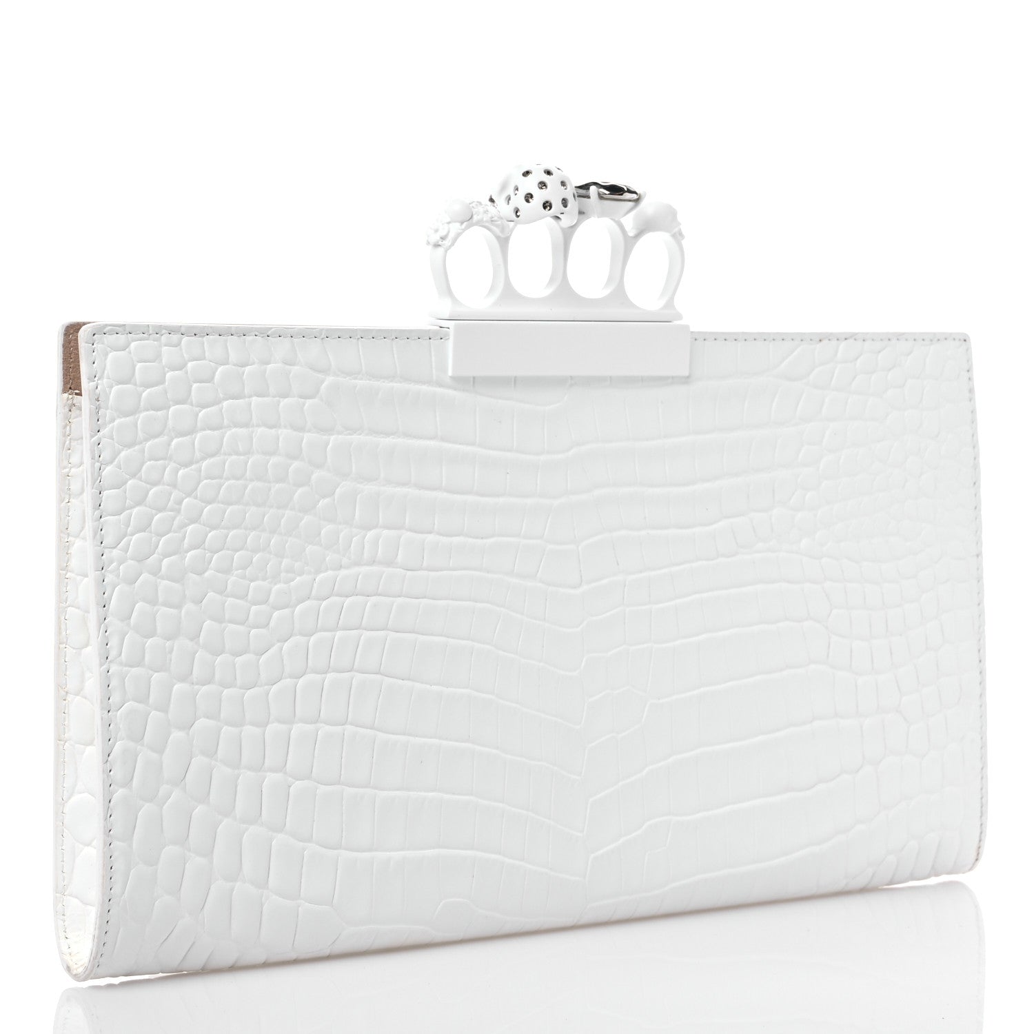 Alexander McQueen Calfskin Crocodile Embossed Knuckle Flat Clutch White 3 of 10