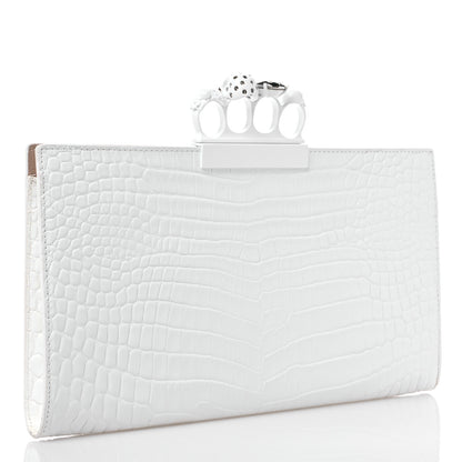 Alexander McQueen Calfskin Crocodile Embossed Knuckle Flat Clutch White 3 of 10