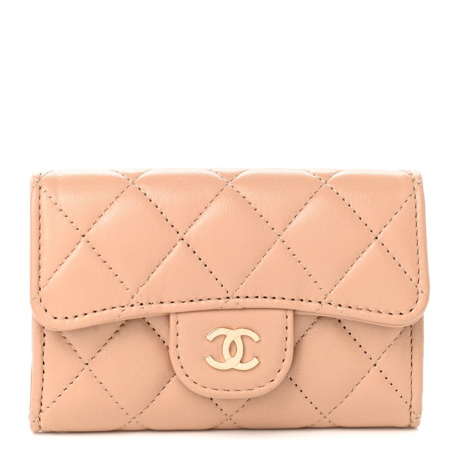 Lambskin Quilted Flap Card Holder Wallet Beige