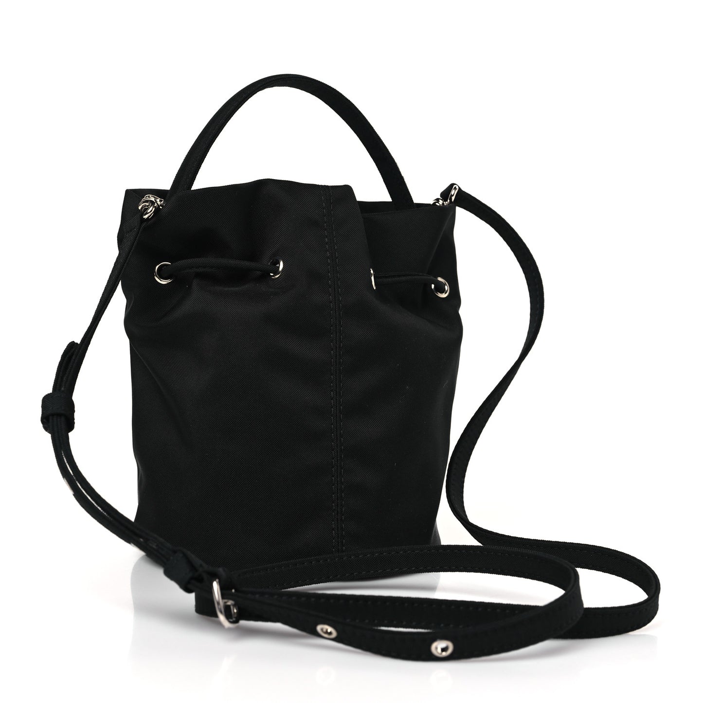 Recycled Sport Nylon Logo Embroidered Wheel Drawstring Bucket Bag XS Black