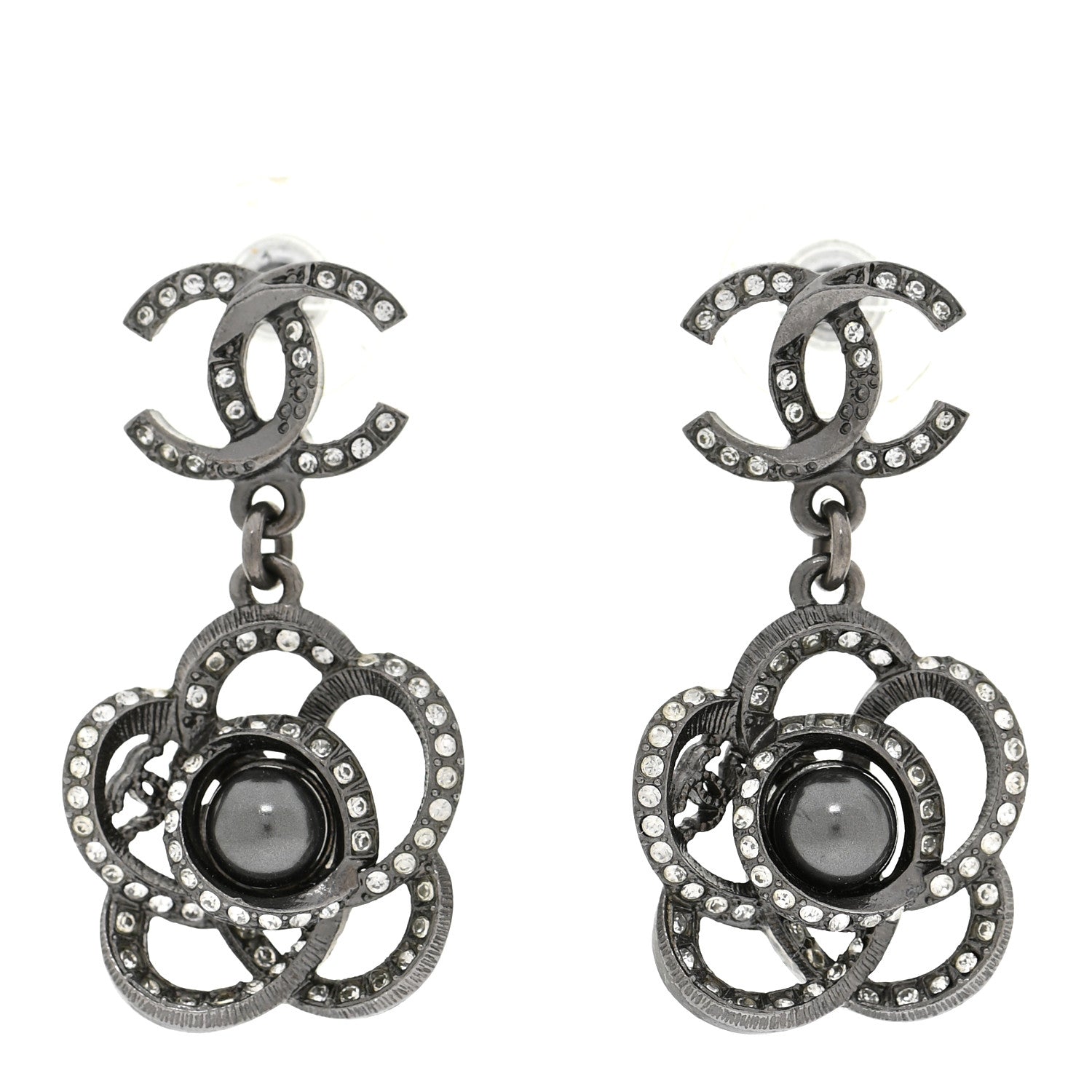 Chanel Crystal Pearl CC Camellia Drop Earrings Silver 1 of 5