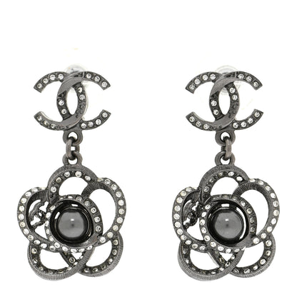 Chanel Crystal Pearl CC Camellia Drop Earrings Silver 1 of 5
