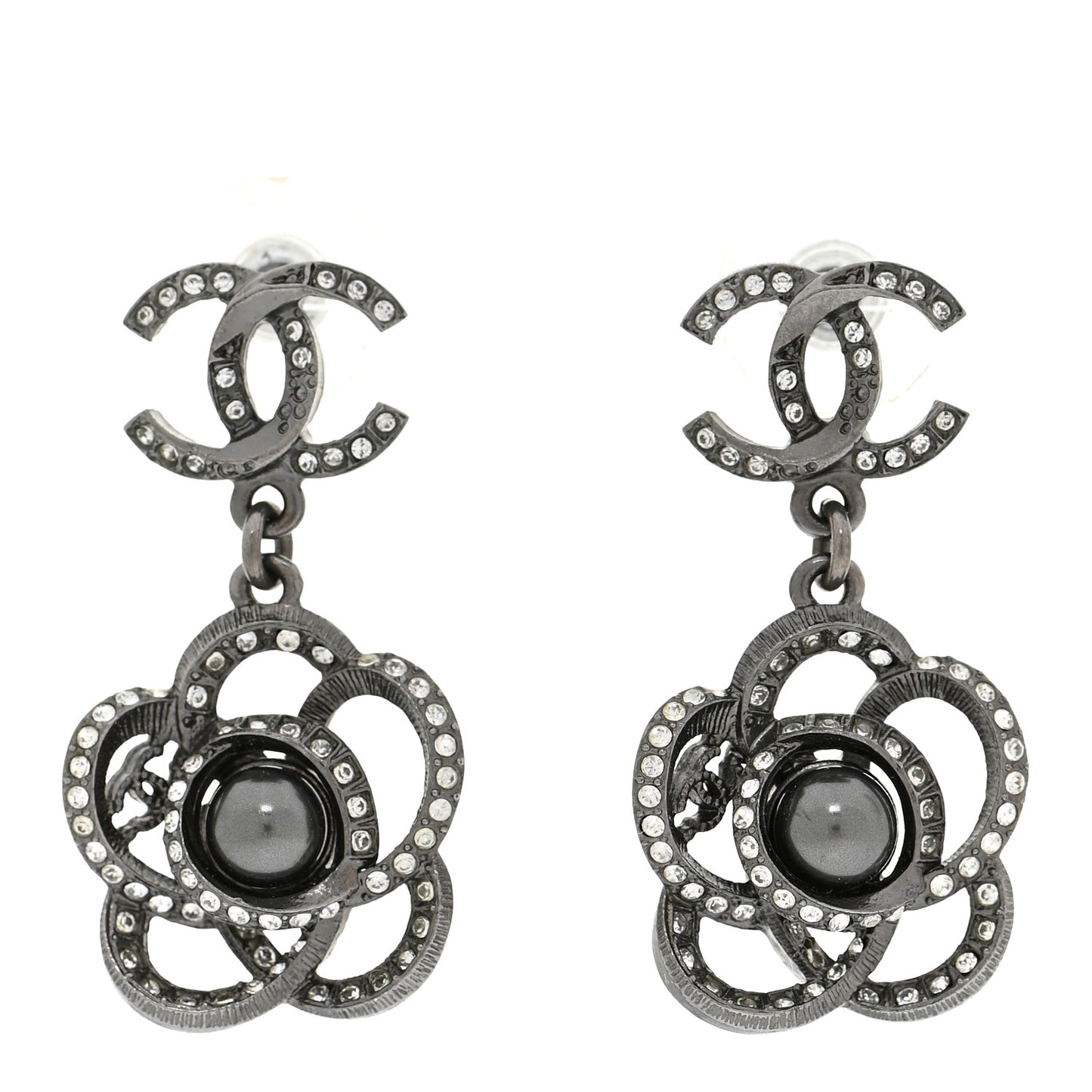Crystal Pearl CC Camellia Drop Earrings Silver