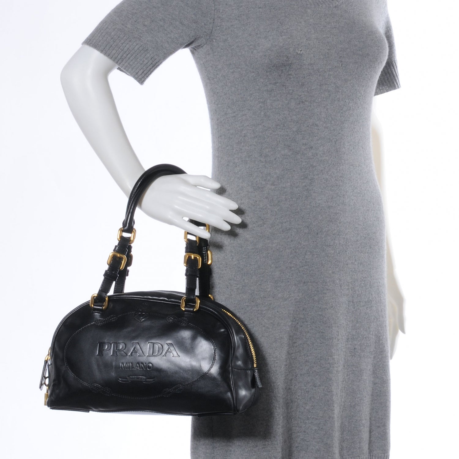 Prada Leather Logo Bowling Bag Black 2 of 7