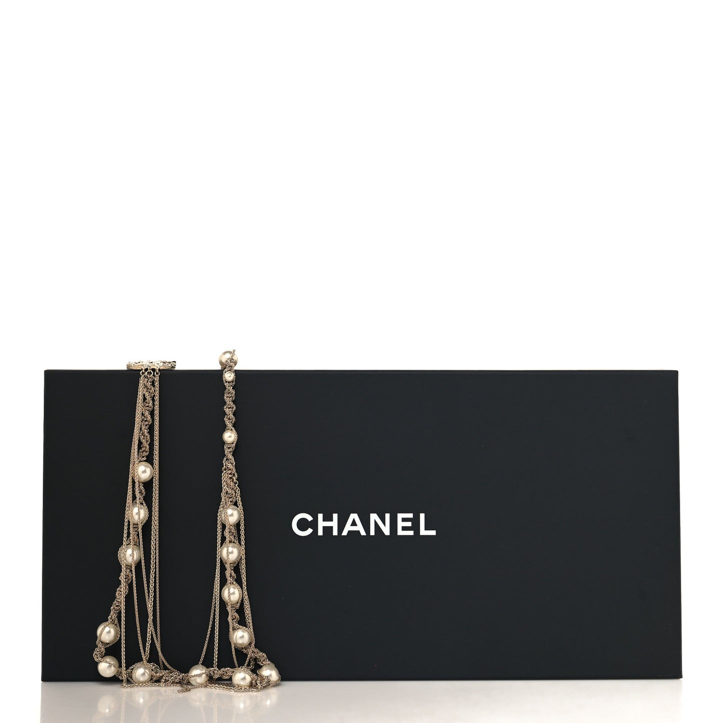 Pearl Multi Chain Braided Crystal CC Long Necklace  Gold