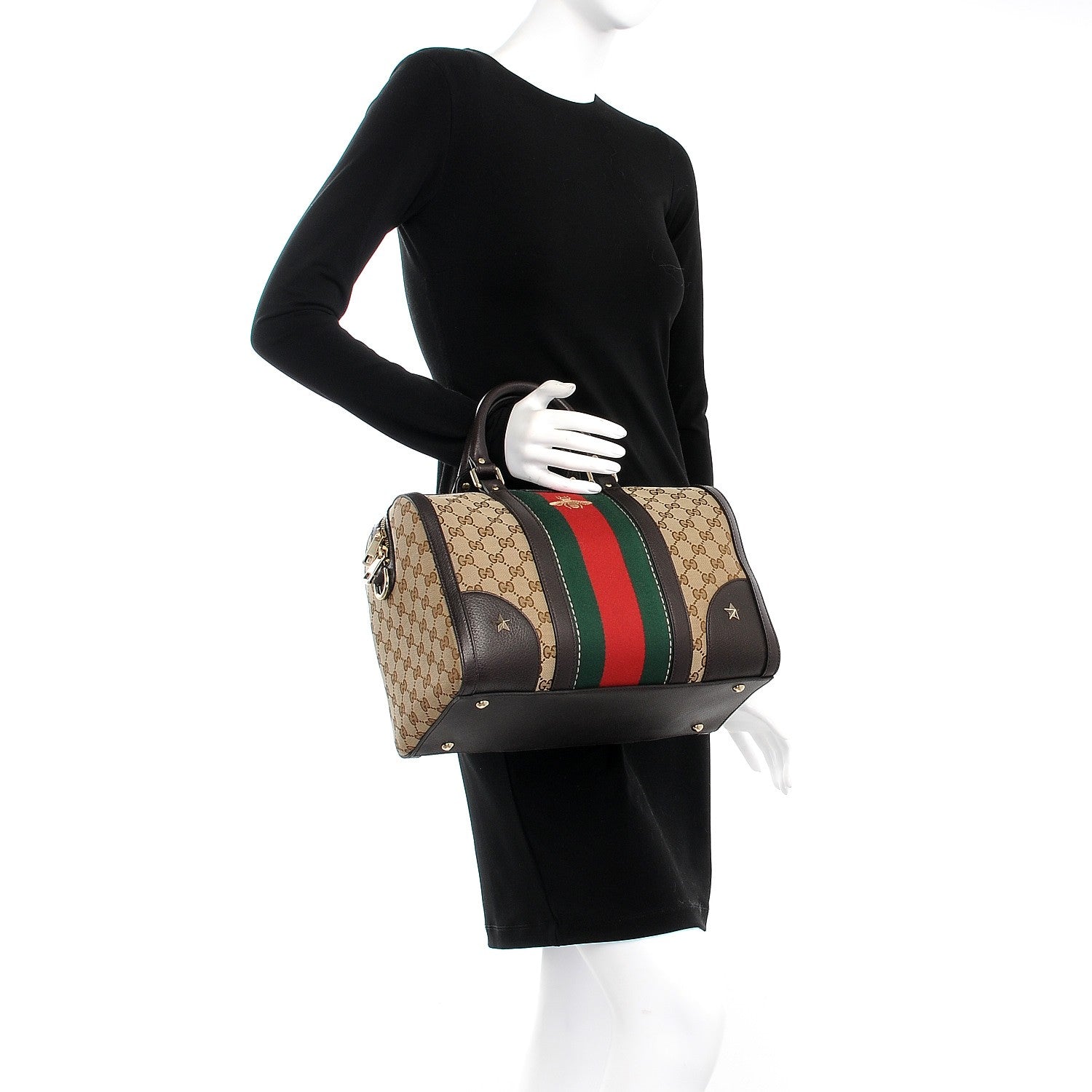 Gucci Monogram Vintage Web Medium Webby Bee Boston Dark Brown 3 of 8