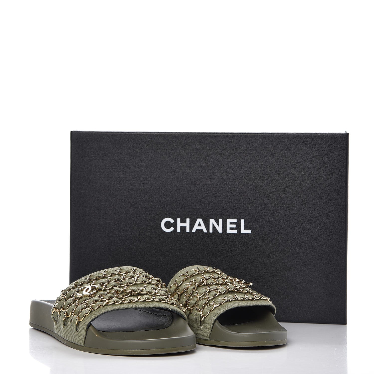 Chanel Canvas Chain Flat Sandals 38 Khaki 9 of 9