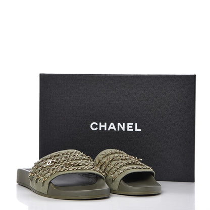 Chanel Canvas Chain Flat Sandals 38 Khaki 9 of 9