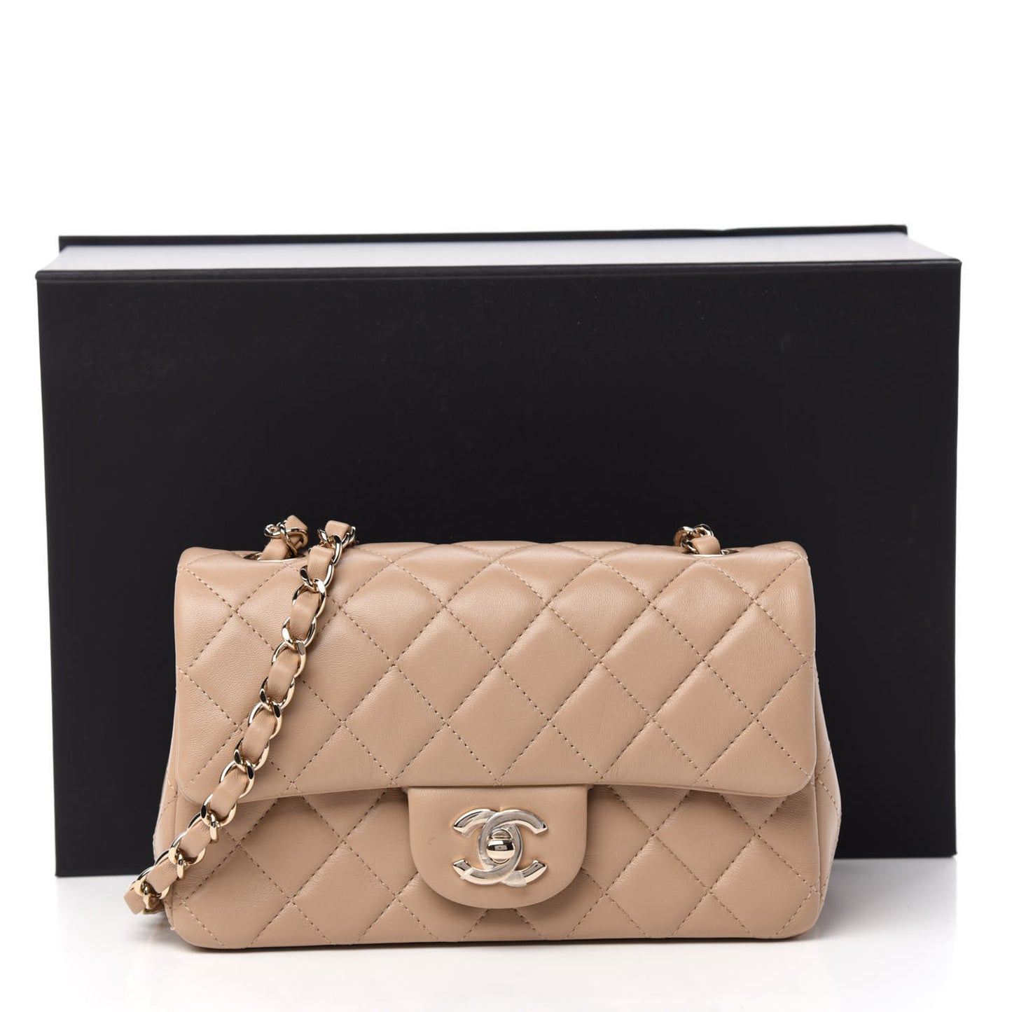 Lambskin Quilted Mini Rectangular Flap Dark Beige