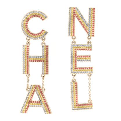 Chanel Metal Crystal Rainbow Cha-Nel Logo Drop Earrings Multicolor Gold 1 of 5