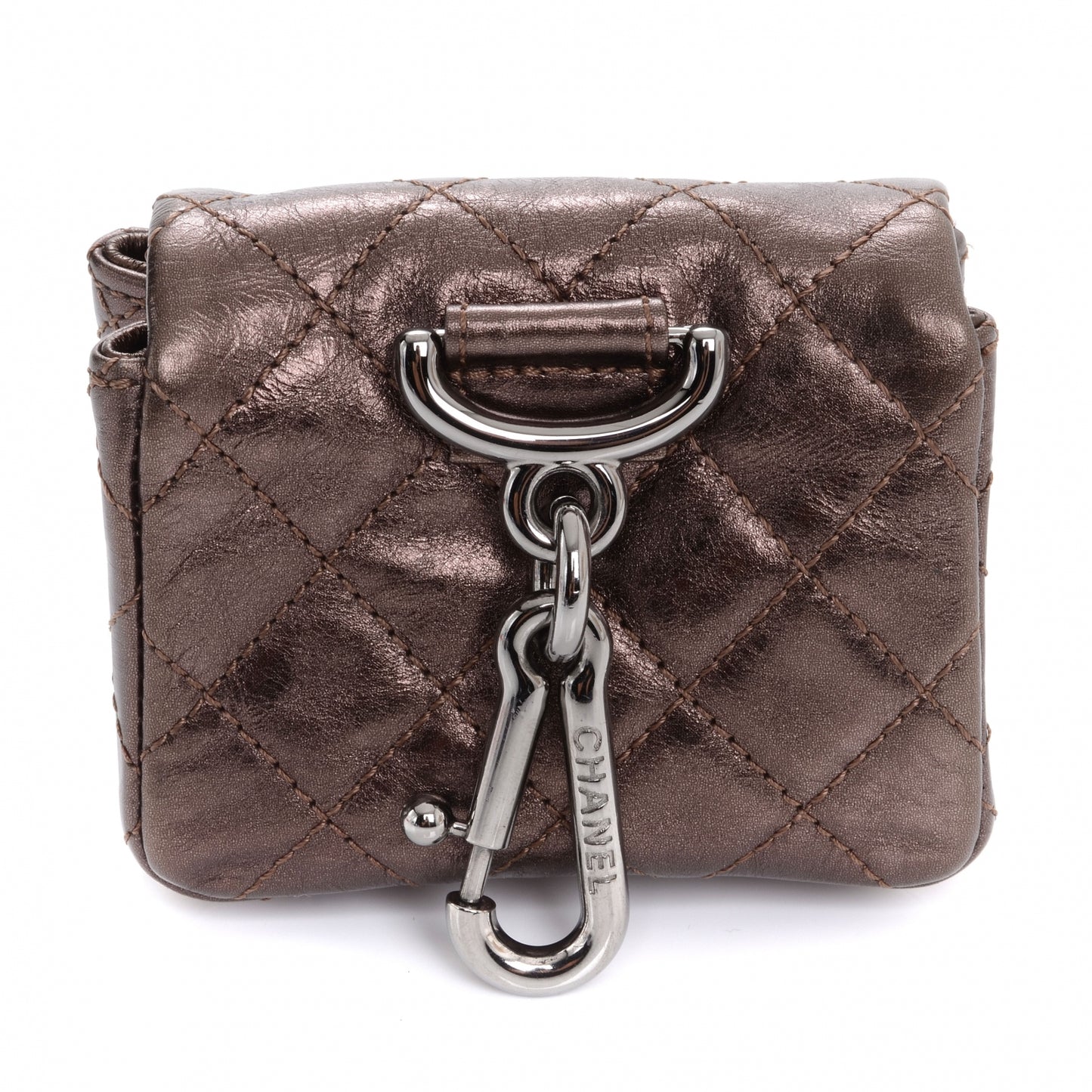 Calfskin Quilted Mini Reissue Pouch Bag Charm Keychain Bronze