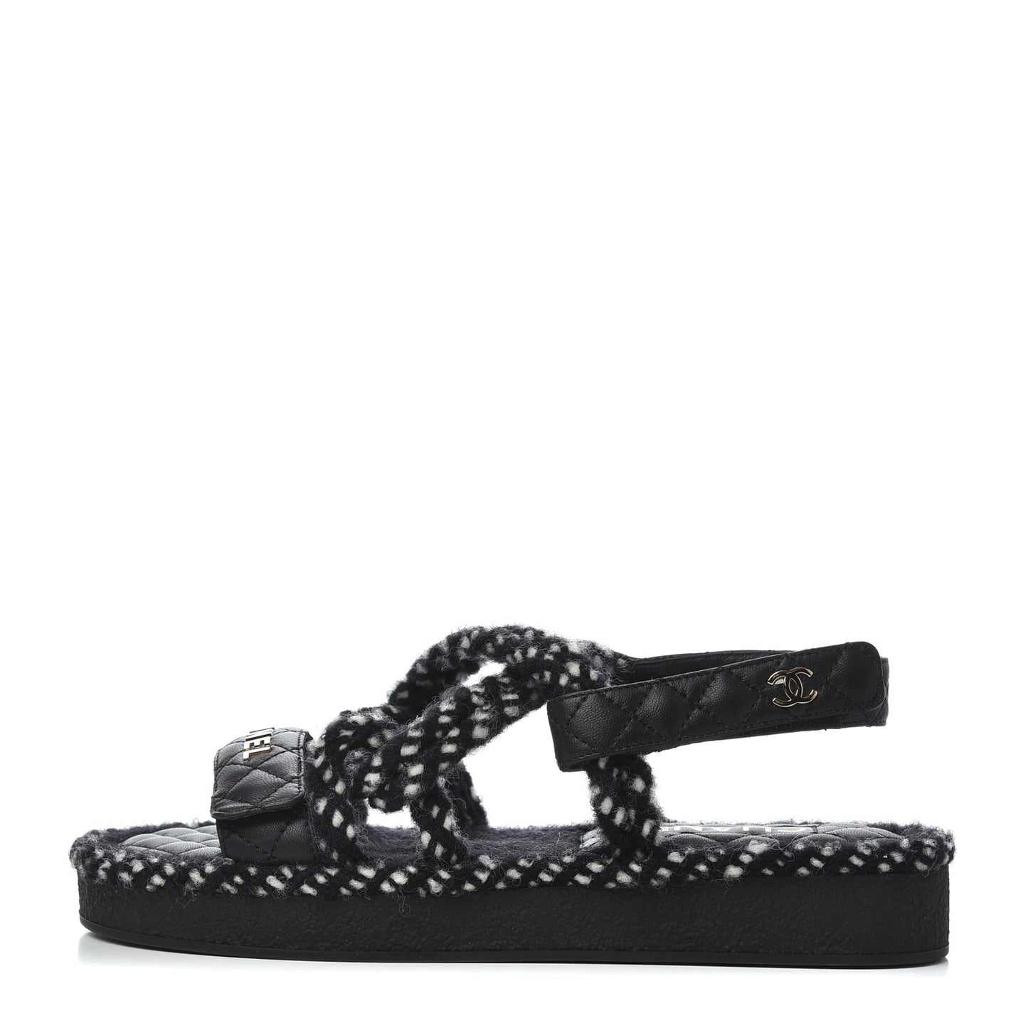 Cord Lambskin Quilted Logo Sandals 39 Black White