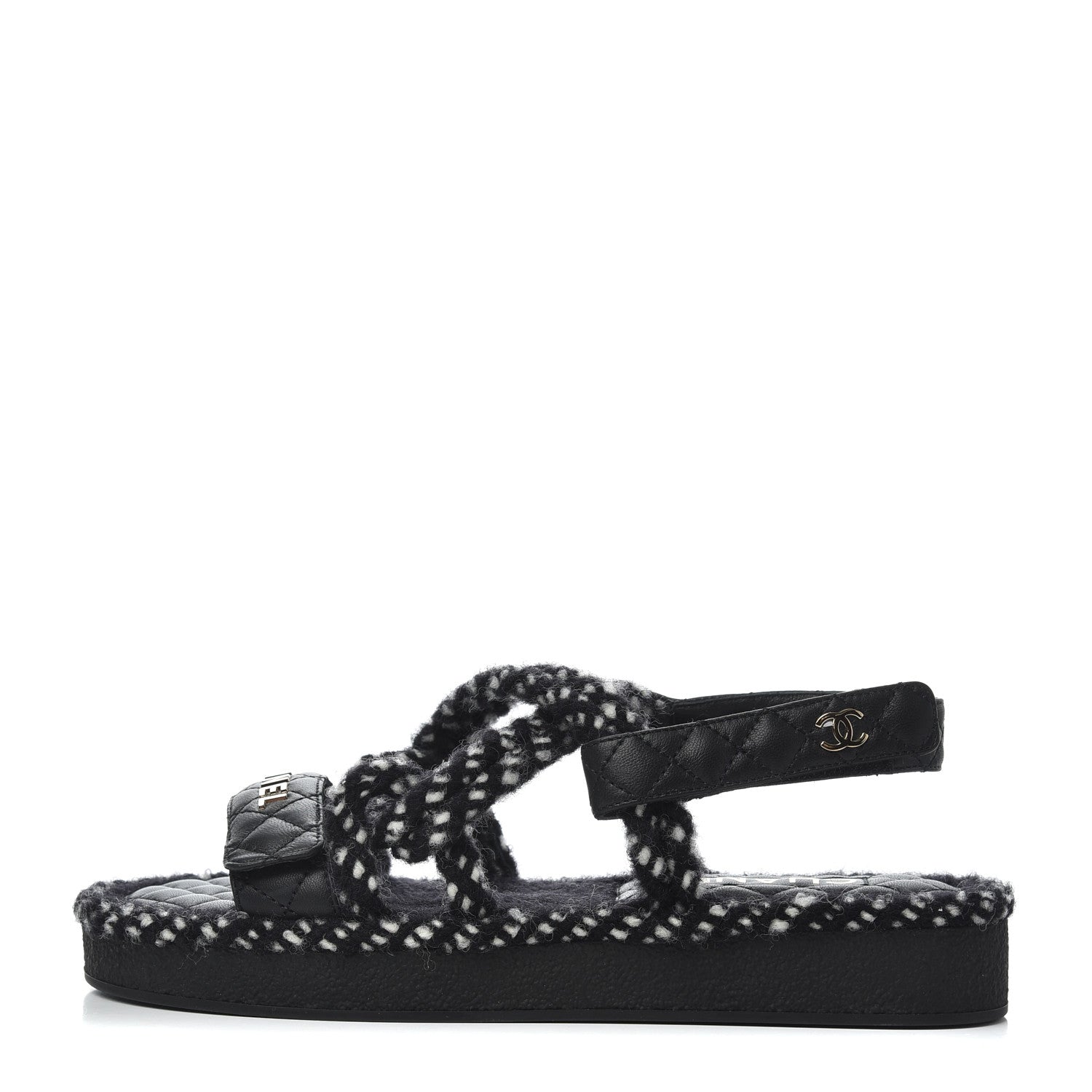 Chanel Cord Lambskin Quilted Logo Sandals 39 Black White 1 of 9