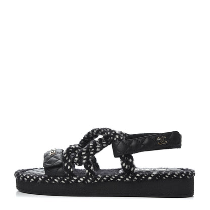 Chanel Cord Lambskin Quilted Logo Sandals 39 Black White 1 of 9