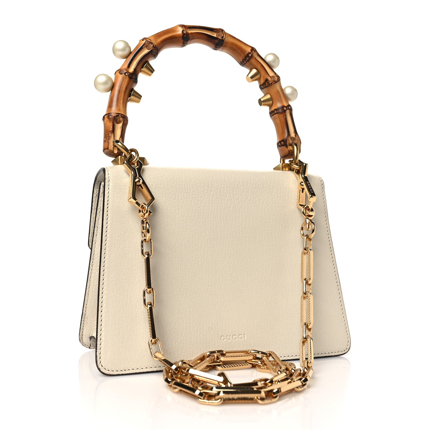 Gucci Goatskin Pearl Mini Fox Broche Bamboo Top Handle Bag Hibiscus Red Mystic White 3 of 10