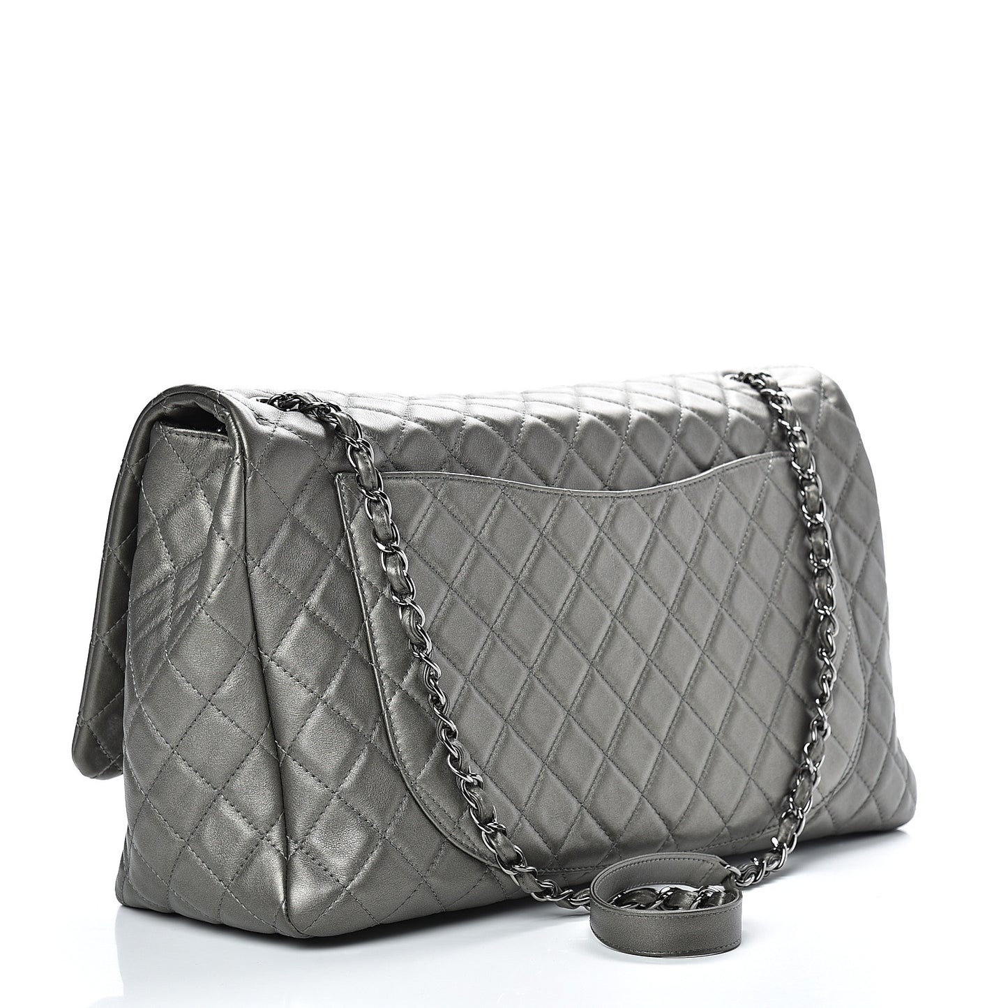 Metallic Calfskin Quilted XXL Travel Flap Bag Dark Silver